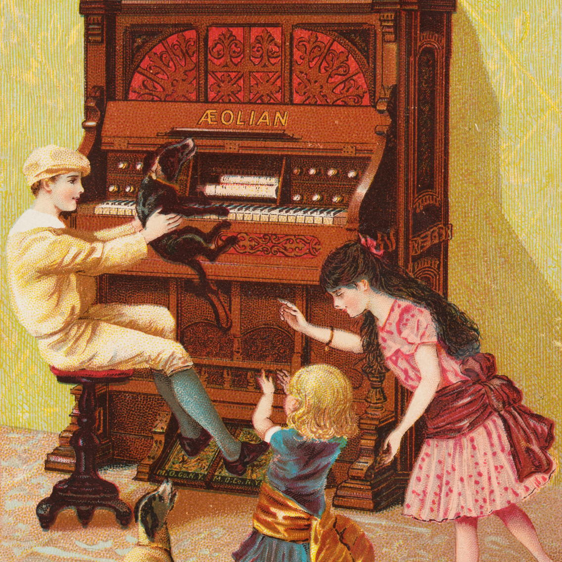 Vintage illustration of children around a piano