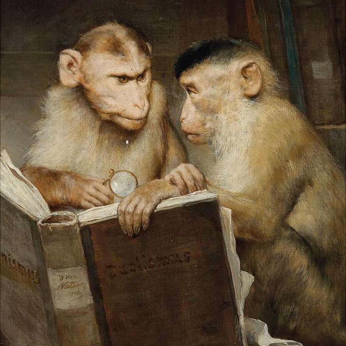 Painting of monkeys holding a book