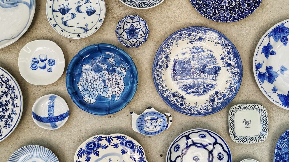 Collection of blue and white dinnerware
