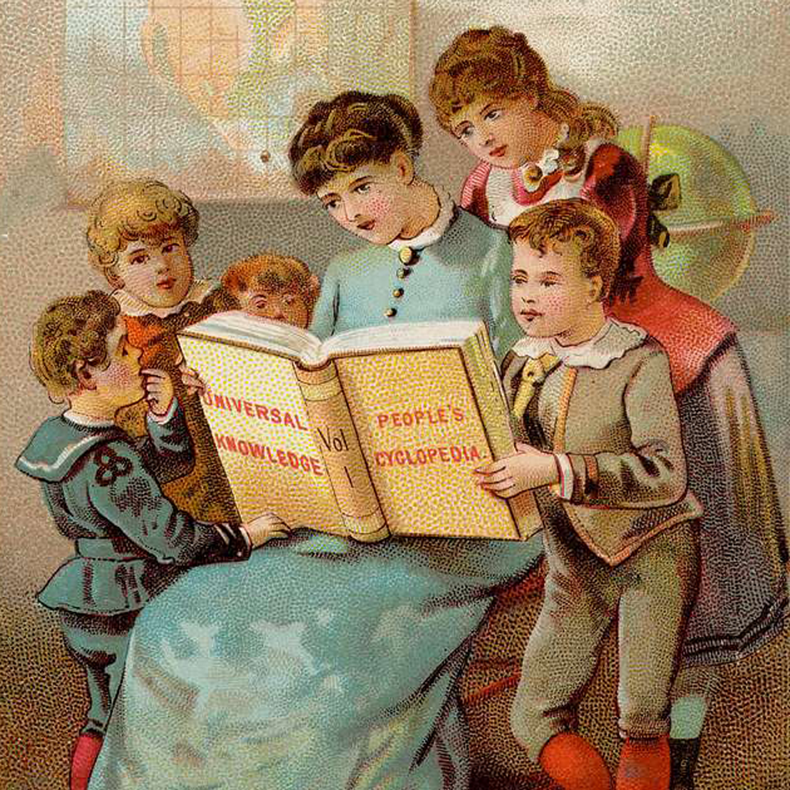 Vintage illustration of a family around a cyclopedia