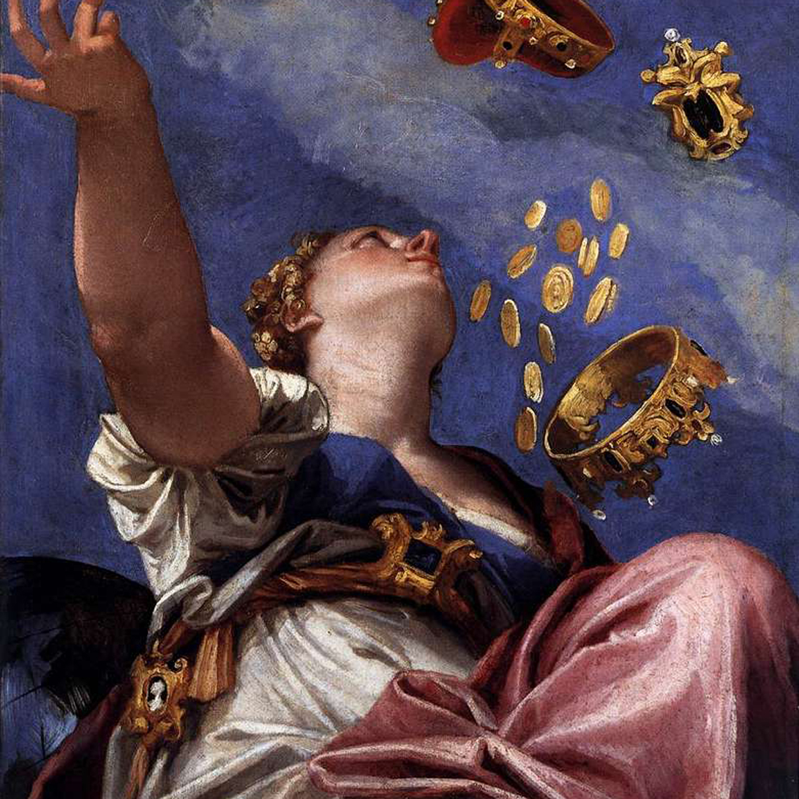 Painting of lady throwing a crown and coins