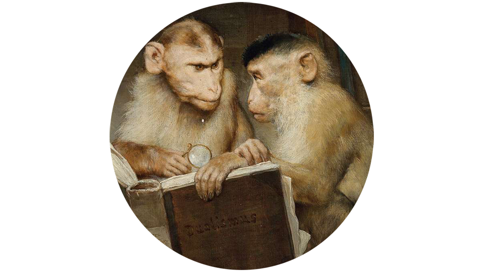 two monkey studying a large old fashioned book